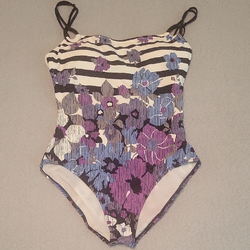 Purple and Blue One Piece Swimwear with Floral Stripes